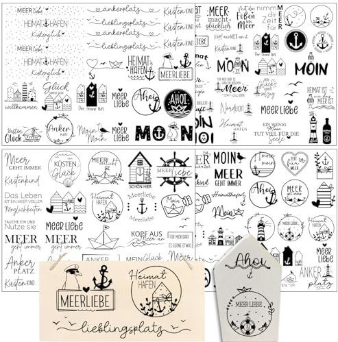 Hongma Rub On Sticker ca.A5 19x14cm-Großformat Transfers 4PCS Sprüche für Raysin für Keraflott Möbel Glas Holz DIY Deko Rub On Folie Rubons Aufkleber Meer