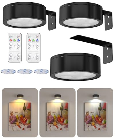 Lustaled Luci per Quadri a Batteria Senza Fili con Telecomando, Luci LED Magnetiche Dimmerabili con Timer, 3 Temperature Colore per Cabine, Dipinti, Arte, Dartboard (Batterie Non Incluse), 3 Pezzi