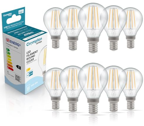 Crompton Lamps Filament Golfball LED Light Bulb SES-E14 | 4.2W = 40W Equivalent | Warm White 2700K | Energy Efficient | Small Screw Lightbulb | Long Life 10,000-Hrs | Clear Glass | Dimmable | 10-Pack