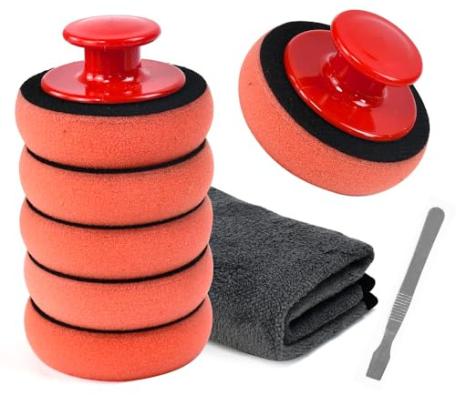 VGECEE 10 Kit per Lucidatrici Auto–6 Spugna Lucidatura a Mano(90 mm) 1 Panno Microfibra Auto 2 Manici 1 Metal Spudger, Pad Applicatore Auto Riutilizzabile Tamponi Lucidatura Auto per Ceratura Pulizia