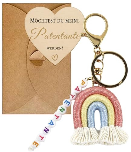 TAKONE Patentante fragen Geschenk Set Schlüsselanhänger Herz Holztafel | Herz Holztafel | Schlüsselanhänger „Patentante“ | emotionales Geschenkset | Taufe & Baby