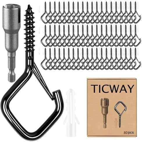 Ticway 80 Pcs Outdoor Hooks for String Lights,Screw Hooks for Hanging Plants,Ceiling Hooks with Safety Buckle,Square Hanger for Wind Chimes,Bird Feeder,Lanterns,Christmas Decorations Black