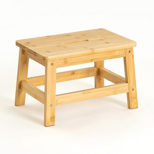 Taburete escalón de madera de bambú natural antideslizante de 38x26x25cm | Diseño con asa integrada, anti-rayaduras y resistencia de 150 kg para cocina y baño.