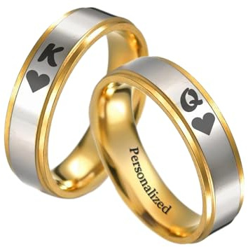 Ihanskio Personalisierte Kronenringe für Paare Ihr König Seine Königin Gravierte Textringe für Liebhaber Passende Versprechensringe Individuelles Geburtstagsgeschenk Edelstahl Gold Silberfarbe
