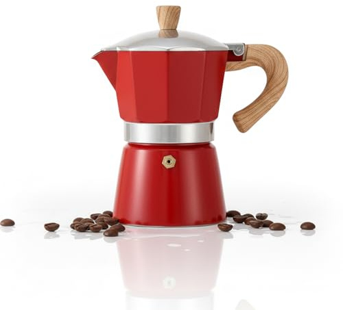 Bibykivn Caffettiera Moka 300ml, Alluminio Caffettiera Espresso per la Preparazione di Caffè Espresso Italiano,Adatta per Piani Cottura in Ceramica Fornelli Elettrici a Gas (Rosso)