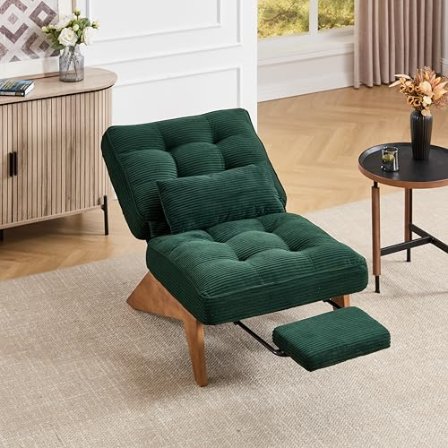 Ligterra Loungesessel, Lesesessel, Ohrensessel, Verstellbarer Rückenfreier, aus Stoff mit Fußstütze & Lendenkissen, Holzbeinen, für Wohnzimmer, Studierzimmer, 127×73×90cm (Smaragdgrün)