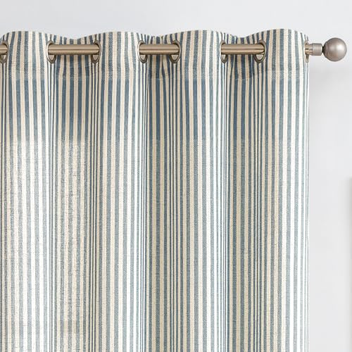 Vangao Leinen-gestreifte Vorhänge für Wohnzimmer, Schlafzimmer, Bauernhaus, Tickingstripe Lichtfilterung, Fenstervorhänge, Bedruckte Vorhänge mit Ösen, 2 Paneele, Blau, B 55 x L 108 cm