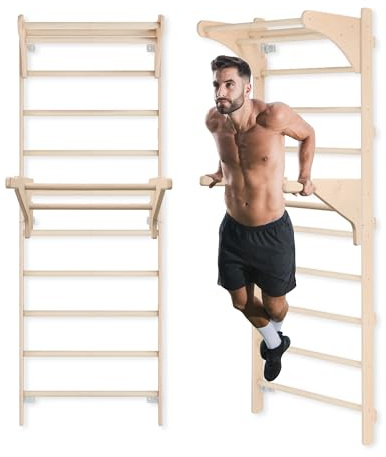 MAMOI Pared de Escalada de Madera con Barra de dominadas para Adultos (230 cm), Dispositivo de Fitness Multifuncional, Escalera de Escalada para Adultos y niños, 100% ecológico