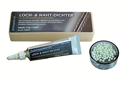 fishingglue.de Loch-& NAHT-DICHTER + LOCHFINDER-Set, flüssiges PVC, Wasser-& UV-beständig, Flickzeug für Zelt Isomatte Schirm Regenjacke Markise Pool Schlauchboot Plane wärmestabil bis 60°C