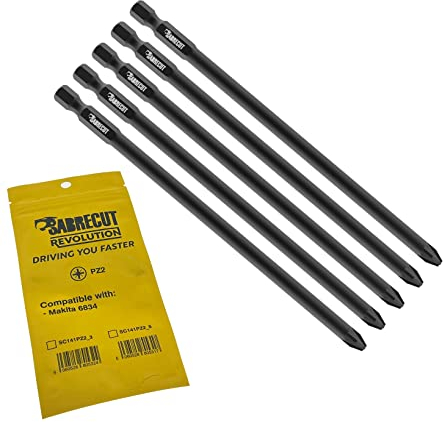 5 x SabreCut SC141PZ2_5 141mm PZ2 kompatibel mit Makita 6834 P-66282 Trockenbau-Schraubendreher-Pistolenbit mit automatischem Vorschub einseitig Pozi Nr. 2 robust