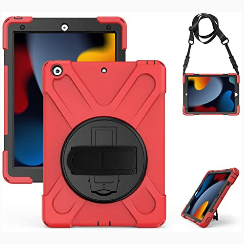 Gerutek Hülle für iPad 9./8./7. Generation 10.2 Zoll, Stoßfeste Robust Panzerhülle mit Pencil Halter, Drehbar Stände, Handschlaufe Schultergurt Schutzhülle für iPad 10.2 2021/2020/2019, Rot