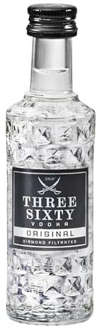 THREE SIXTY VODKA ,Diamond filtrated Vodka ,In der einzigartigen Facettenschliff-Flasche ,Ein ungewöhnlich mildes und weiches Geschmacksprofil ,0,04L ,37,5%
