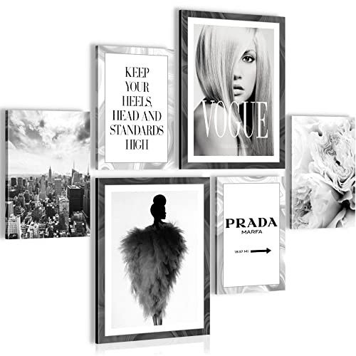 Novart Wandbilder Set Fashion Beauty Schwarz Weiss - KEIN EXTRA RAHMEN BENÖTIGT - Modern Deko - Wohnzimmer Mädchen Teenager N015763a