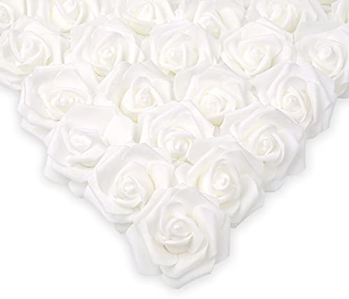 IPOPU 100 Pcs Artificial Rose Flower Heads Real Looking White Foam Fake Roses for DIY Wedding Baby Shower Centerpieces Arrangements Party Tables Home Decorations (White 1, Stemless)