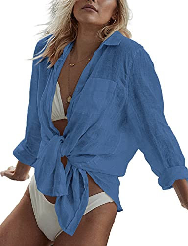 Bsubseach Long Sleeve Swim Cover Up for Women Button Down Beach Shirt Blouses Bikini Coverup Swimwear Blue