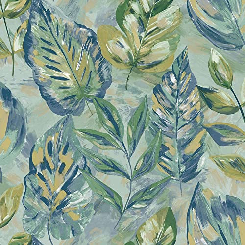 Holden Decor Aralia Duck Egg Wallpaper 36110 - Metallic Brush Painted Leaf