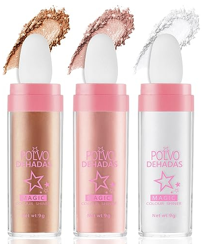 AOOWU Highlighter Puder Stick, Glitzer Patting Puder, Body Glitter Highlighter Patting, Fairy Highlighter Powder Stick, Körper Aufhellen Schimmer Sparkle für Gesicht Lippen(Weiß+Rosa+Goldbraun)