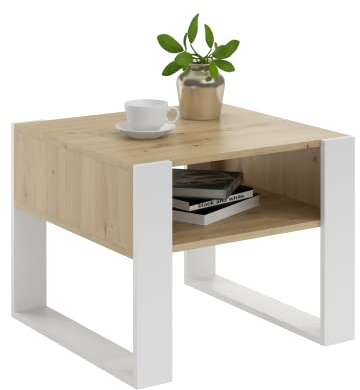 MATKAM Couchtisch KAJA H50 x B60 x T63,6 cm, offene Ablage unter der Tischplatte, Kufenbeine, Wohnzimmer Couchtisch Modern Wohnzimmertisch Universal (Artisan Eiche Weiß)
