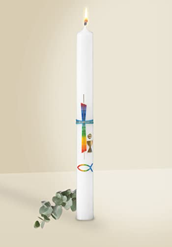 Wiedemann Kerzen Kommunionskerze Regenbogenkreuz, Regenbogenfisch und Kelch mit Hostie 400 x Ø 35 mm mit individueller Namensverzierung aus Wachsbuchstaben