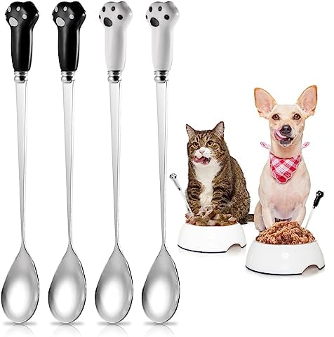 ORUZA 4PCS Pet Food Spoon, Cute Paw Cat Can Spoon, Stainless Steel Pet Spoons Universal Long Handle Food Scoop for Cat Dog