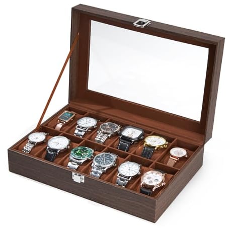 Ohuhu Uhrenbox mit 12 Fächern, Holzmaserung Watch Box Uhren Aufbewahrungsbox mit Glasdeckel, Uhrenkasten aus PU Leder und Samt Innenfutter, Geschenkidee für Geburtstag Vatertag Weihnachten