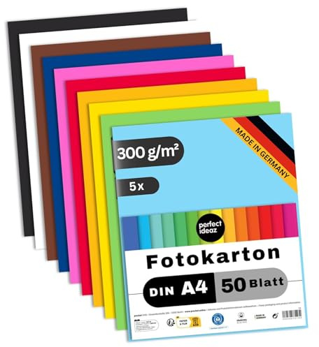 perfect ideaz 250 Blatt Fotokarton DIN-A4, 10 Farben, 300 g/m², MADE IN GERMANY (5 x 50 Blatt)