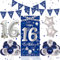 16 Geburtstag Deko Blau und Silber, 16.Geburtstag Junge Mädchen,16.Geburistag Banner Ballons, Deko 16 Gaburtstag Poster Hintergrund Banner für 16 Party Geburtstagsdeko Tür Wand Geburtstagdeko