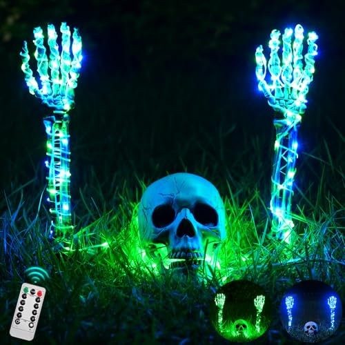 Maxee Halloween Leuchtende Skelett Totenkopf Set, 1 Totenkopf & 2 Schädel Hände mit 3 M Lichterkette & Fernbedienung (8 Modi & Timer), 2 Blau Lichterketten(3 Modi), Halloween Deko für Draußen Garten
