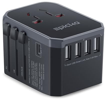 EPICKA Reiseadapter Weltweit, Reisestecker Adapter Weltweit 28W, Internationaler Steckdosenadapter mit 4 USB-A,1 USB-C, Universal Travel Adapter für USA UK EU Japan Thailand Australien TA-105 Schwarz