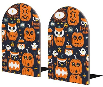 Serre-livres en bois avec base en métal pour livres lourds Motif chouette fantôme citrouille Halloween
