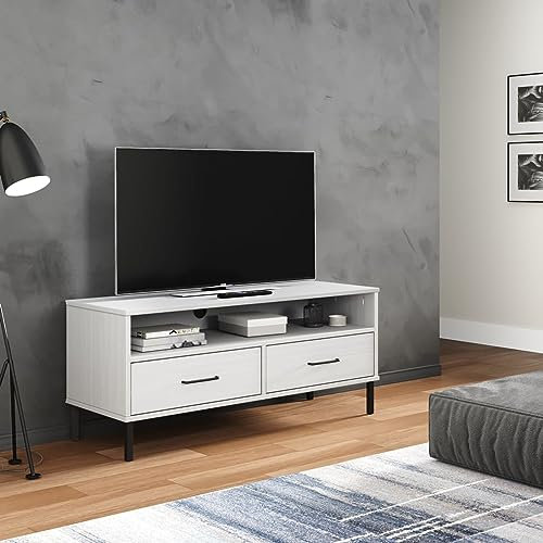 Sufrk Meuble TV avec pieds en métal blanc, bois massif de pin Oslo-Meuble TV pour salon, meuble TV avec étagère, montage facile