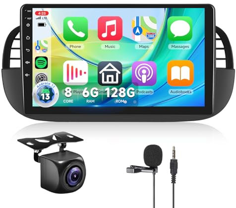 【8 Núcleo 6+128G】 Hodozzy Carplay Radio Coche para Fiat 500 2007-2015, 9 Pulgadas Autorradio Android con Pantalla Táctil/DSP/GPS/RDS/FM/Bluetooth/USB/WiFi,Negro