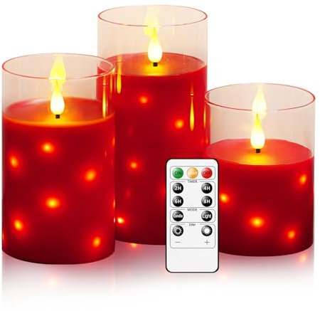 JINYANIA Glas Flammenlose LED Kerzen, Batteriebetriebene Stumpenkerzen mit eingebetteter Sternschnur-Lichterkette, Mit Fernbedienung und Timer, Home Dekoration, Echtes Wachs, 3er-Set（Rot）