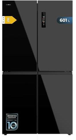 Cecotec Réfrigérateur Américain 4 Portes Bolero CoolMarket 4D 601 Black Glass E. 601L, Moteur Inverter, 90cm, No Frost, ECO, Refroidissement Rapide, Display, Alarme Température, Verre Noir