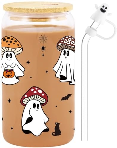 Taza de Halloween con diseño de hongos fantasma, regalos espeluznantes de Halloween para mujeres y adolescentes, bonita taza de café de vidrio de 473 ml con tapas y popotes, relleno de cesta Boo