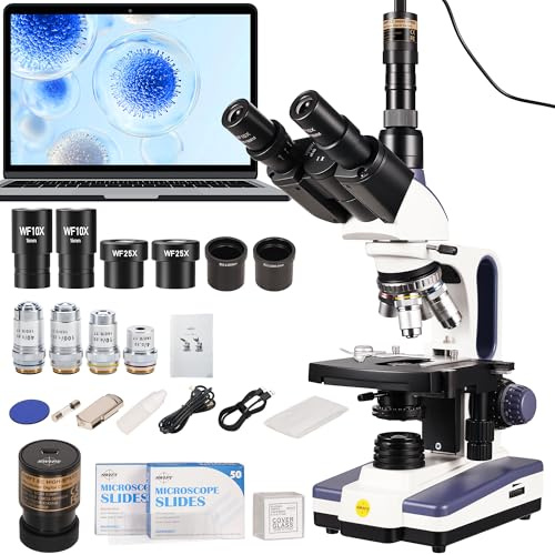 SWIFT SW350T Trinocular Compound Microscope, 40x-2500x, LED Illumination, Abbe NA 1.25 Condenser, Mechanical Stage, EC5R 5MP USB Eyepiece, 100 Slides and 100 Coverslips, UK Plug