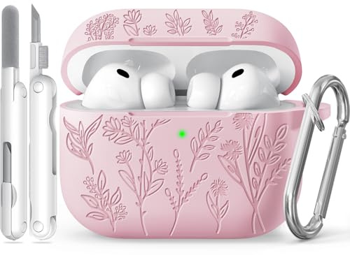 Joremx Hülle für AirPods Pro 3 mit entzückendem lasergraviertem Grasmuster, geeignet für Frauen Schutzhülle Inklusive Reinigungsset und Schlüsselanhänger (Rosa - für AirPods Pro 3rd(2025))