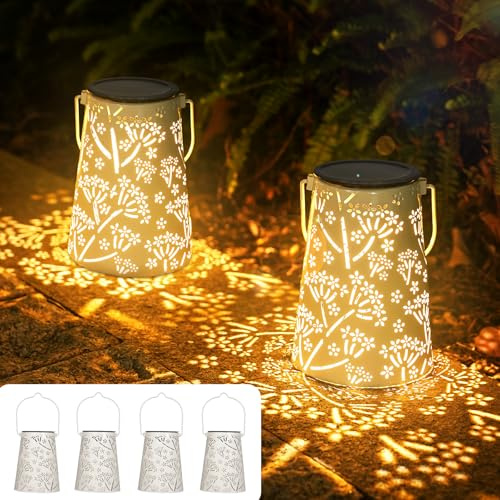 Geschenk für Frauen Mama Oma,JOYCREATOR 4 Stück Solarlampen für Außen Garten Hängend, LED Orientalische Solarlaterne für Außen IP65 Wasserfeste, Solar Laterne Outdoor Deko Patio Rasen Tisch, Weiß