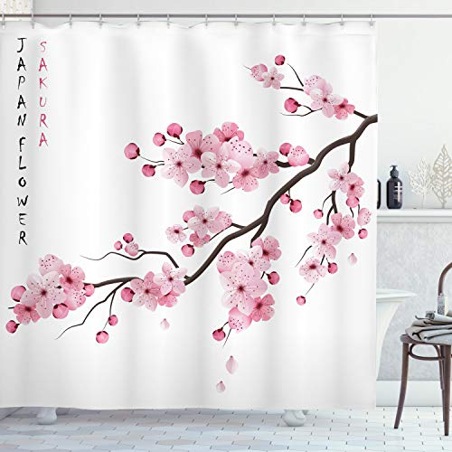ABAKUHAUS asiatisch Duschvorhang, Japanische Kirschblüten, mit 12 Ringe Set Stielvoll Modern, 175x200 cm, Weiß Rosa