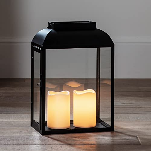 Lights4fun Large Black Metal Garden Candle Lantern Battery Operated with Timer Indoor & Outdoor Use 35cm
