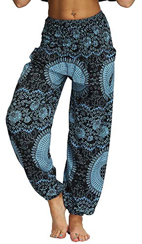 Nuofengkudu Damen Hippie Haremshosen mit Taschen Leichte Boho Muster Bunt High Waist Yogahosen Sommer Lockere Hosen Freizeithose (Blau B,One Size)