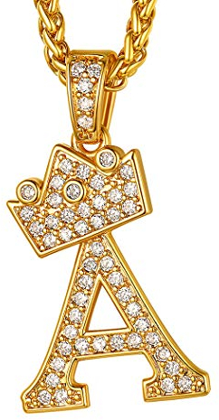 Suplight Herren Hip Hop Iced-Out Kette 18k vergoldet Buchstabe A Anhänger mit Krone 56+5cm verstellbare Weizenkette Rapper Biker Modeschmuck Accessoire