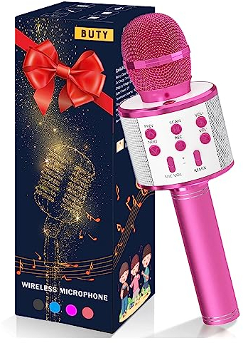 Microfono Karaoke Bluetooth, Buty 4 in 1 Wireless Bambini Karaoke, Portatile Karaoke Microfono con Altoparlante per Cantare, Funzione Eco, Compatibile con Android/iOS o Smartphone (Rosa)