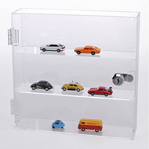 SAFE Acryl-Vitrine 5268 – Abschließbare Sammlervitrine mit Flügeltür & Schloss – 3 Fächer für Modellautos, Loks H0 & Sammlerobjekte – Wandmontage & freistehend, 400x400x110 mm