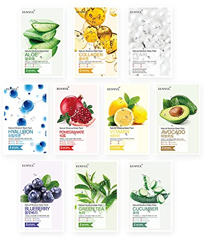 Eunyul Máscara de hoja natural Paquete de máscara facial coreana Aloe, colágeno, perla, hialurón, aguacate, granada, vitamina, arándano, té verde, pepino, paquete de 10