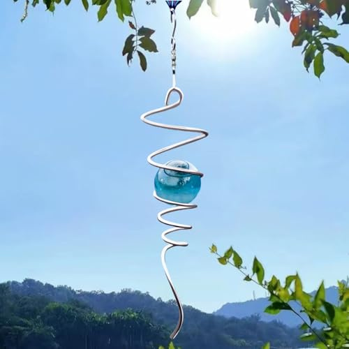 Gazing Ball Spiral Tail Windspiel Stabilisator Garten Dekorationen Edelstahl Metall mit Haken & Wathet Kristall Glas Orb Outdoor hängende Dekoration Kinetic Yard 3D Swivel Art Sun Catchers