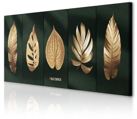 decomonkey Bilder Precious 100x40 cm 5 Teilig Leinwandbilder Wandbild Laub | Strukturleinwand, Holzkeilrahmen, Bild auf Leinwand, Kunstdruck, Wanddeko, Wohnzimmer, Wanddekoration, Pflanzen, Abstrakt