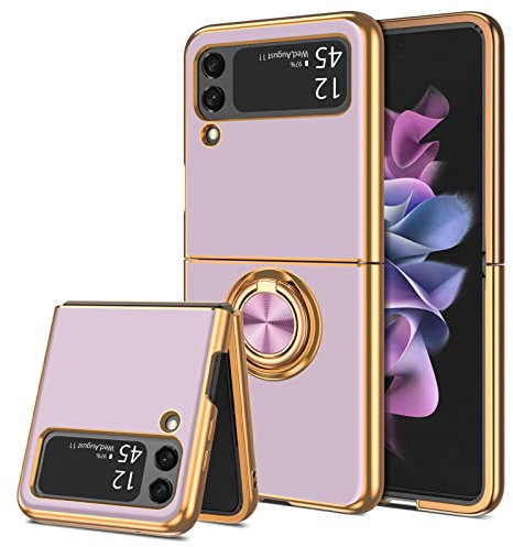 BENTOBEN for Samsung Galaxy Z Flip 3 Case with Ring, Holder Edge Plating Rotation Kickstand Soft Silicone Slim Flexible Shockproof Protective Cover for Samsung Galaxy Z Flip 3 5G, Purple