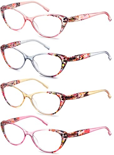 HEEYYOK 4er Pack Lesebrille Blaulichtblocker für Damen +2.00 Blumenmuster Cat Eye Fashion Reader für Damen mit Federscharnieren