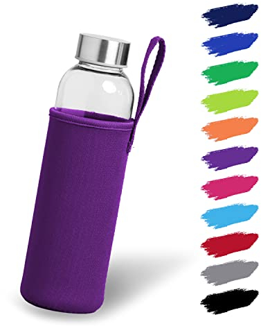 NOMA NOMA® Botella de cristal de 0,5 l con funda de neopreno, botella de cristal en 500 ml y 1000 ml con funda protectora y tapa de acero inoxidable, botella de agua para deportes, oficina, escuela y